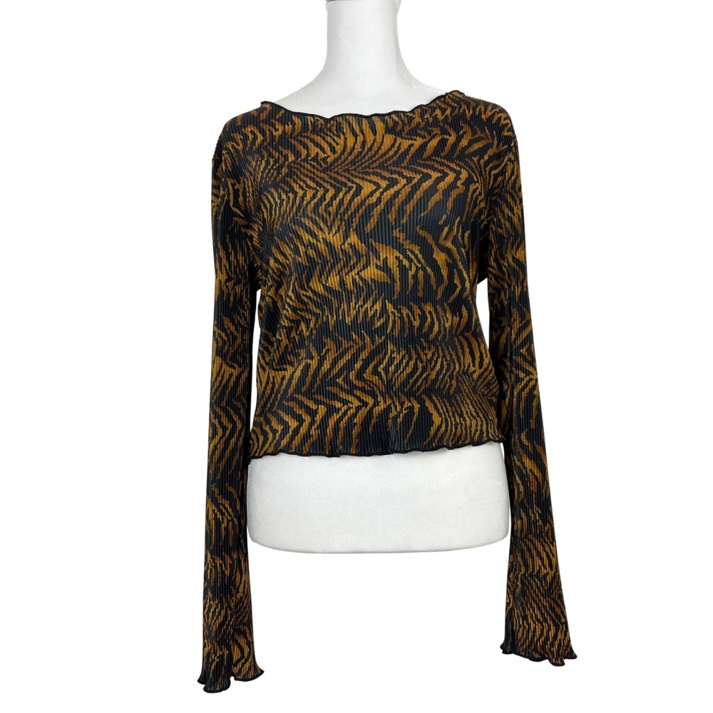 Vintage Divine USA Brown Animal Print Pleated Lettuce Hem 90s/Y2k Cropped Top L